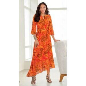Ashro Kardea Flowy Maxi Dress Fiery Orange Women's Size 16W Asymmetrical Boho